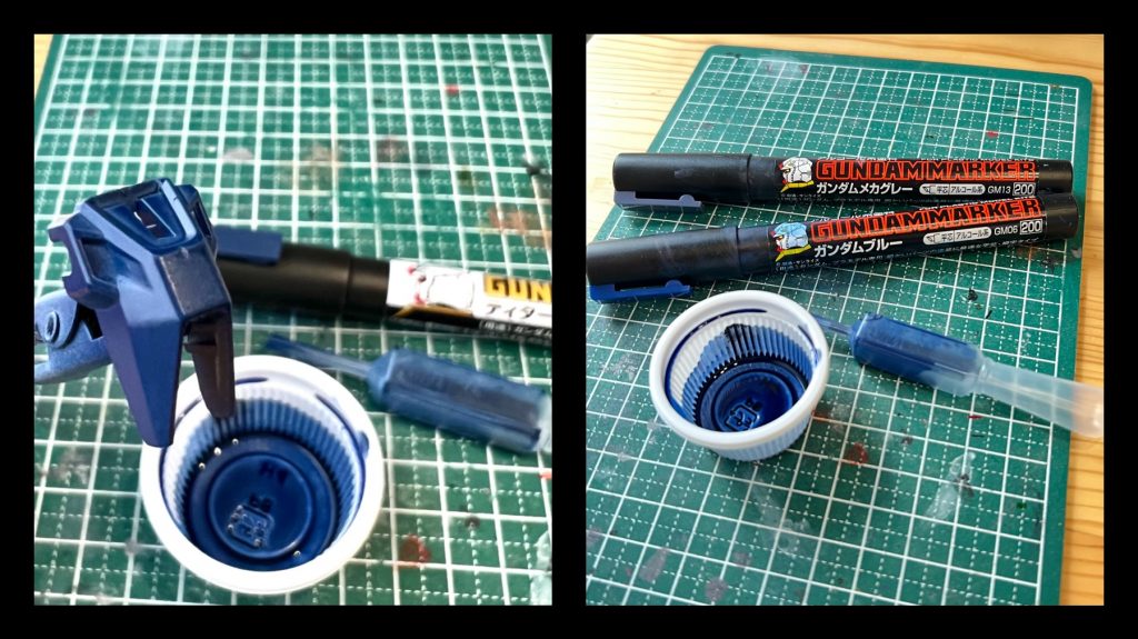 本体のメインカラーはティターンズブルーを使用しています。いい色しているのですが、バラ売りしていないのが難点ですよね...写真の通り、ブルーとメカグレーを混ぜることで近い色にすることができました。案外簡単にできたので、別の色も試してみようと思います。