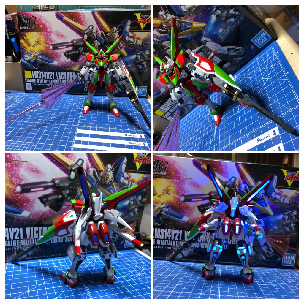 製作コンセプトはアサルトバスターで着膨れてしまったV2の最適&コンパクト化。光の翼となって溢れてしまう余剰出力を上手く各部に送り込むことに注力されています。腕部はスマート化され武装に。脚部は推進器へとそれぞれエネルギーが送られています。最適化の結果、光の翼は発生しなくなり、ミノフスキードライブの出力光は青色に変わっています。