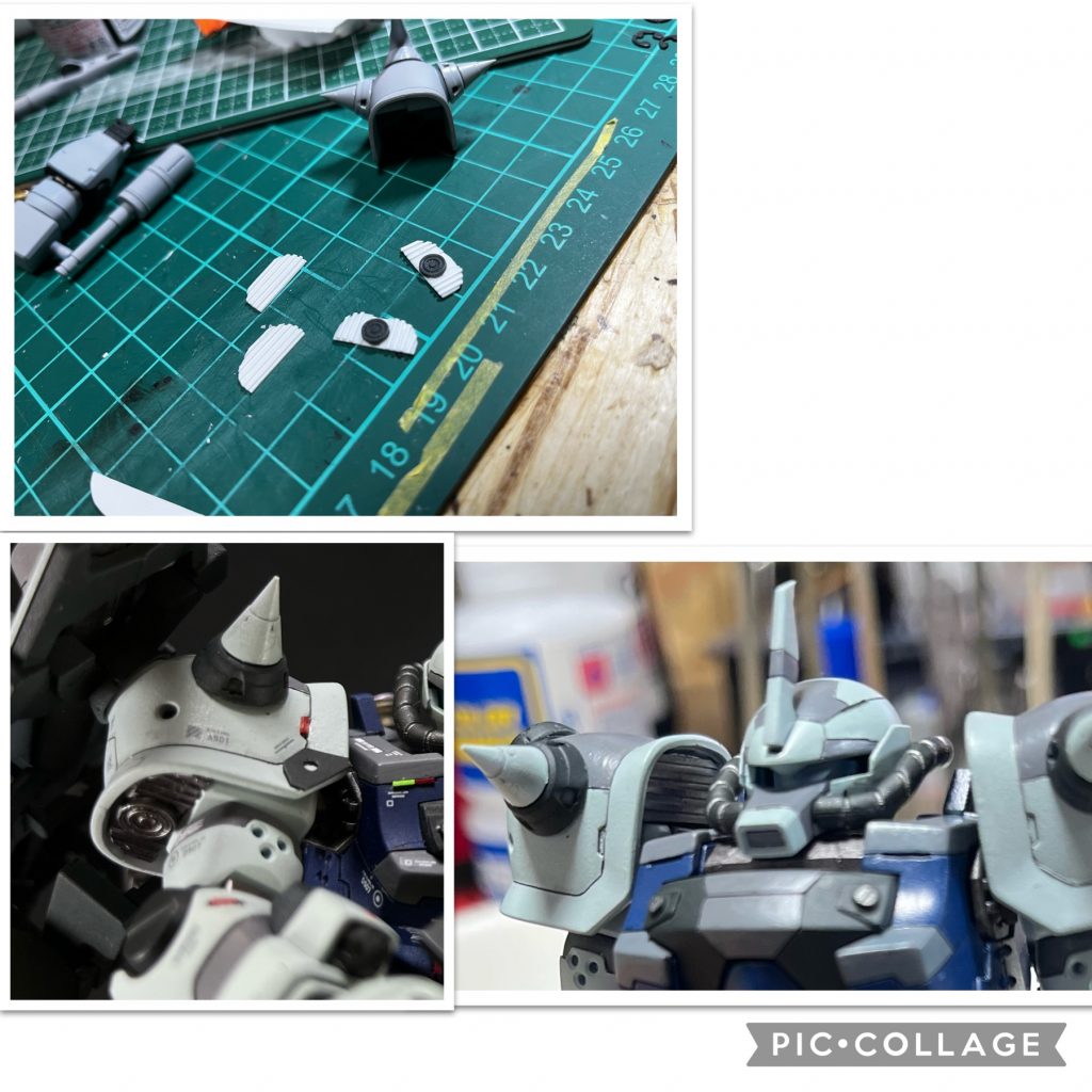 改造その③肩のアーマーの隙間が見えちゃうのが気になってプラ板やプラ棒でシャッター的なものを作って取り付けました。その日の作業が終わった夜、YouTubeのおすすめ動画の中で、ウェーブのモールドプレートというものを知り、1人で落ち込んでました。結構時間かけたのに…