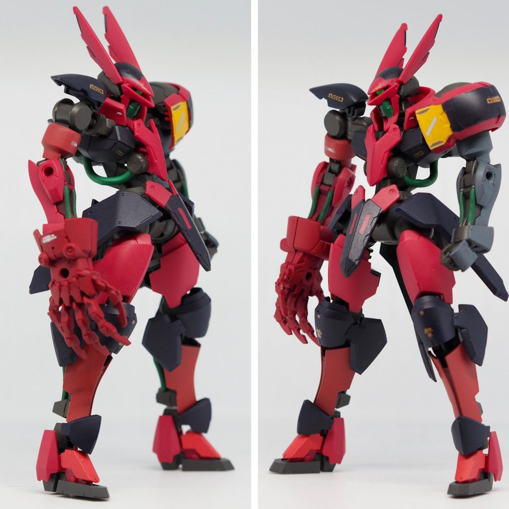 改修箇所は顔のモノアイ化と右腕です。塗装はバウンド・ドックを参考にしています。カラーリングは左右の腕の色違い、濃紺部分の色分け、肩の黄色、緑色のパイプがポイントだと思いました。塗料はアクリルガッシュを使っています。