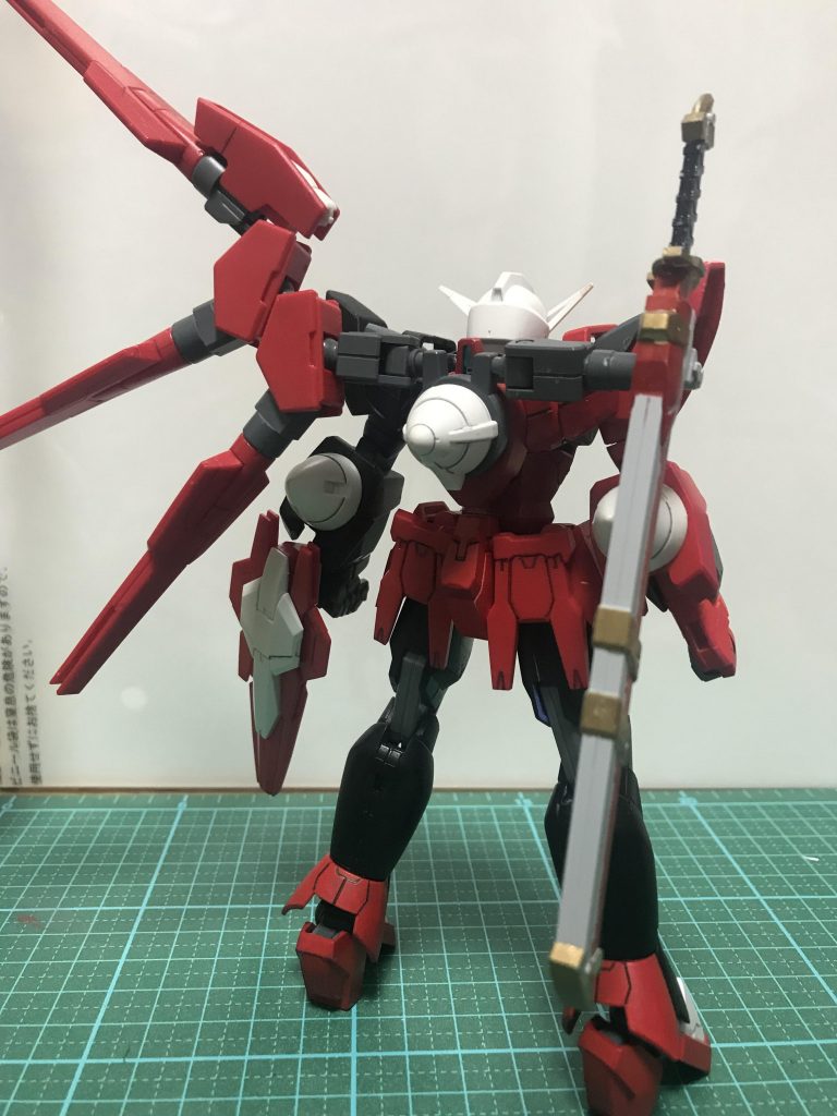 バックショット。大型フィンファングはリボーンズガンダムからファングラックを2個拝借して3門装備させました。翼みたいで気に入ってます。太陽炉を保持してるアーム?は塗り忘れるという大失態…