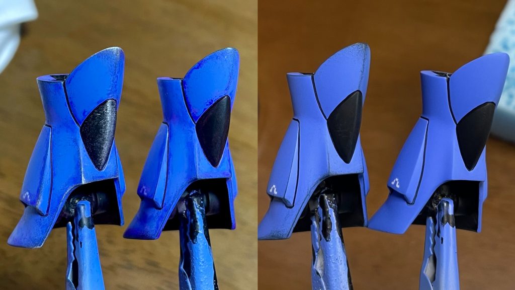 ウェザリングの状況です。右が基本塗装後で、左に行くにつれてウェザリングを重ねています。つや消し吹く、ファレホの暗めの青色でエッジをドライブラシ、油彩の青紫色でウォッシング、エッジをファレホメタルカラーのChromeでドライブラシ、で仕上げました。