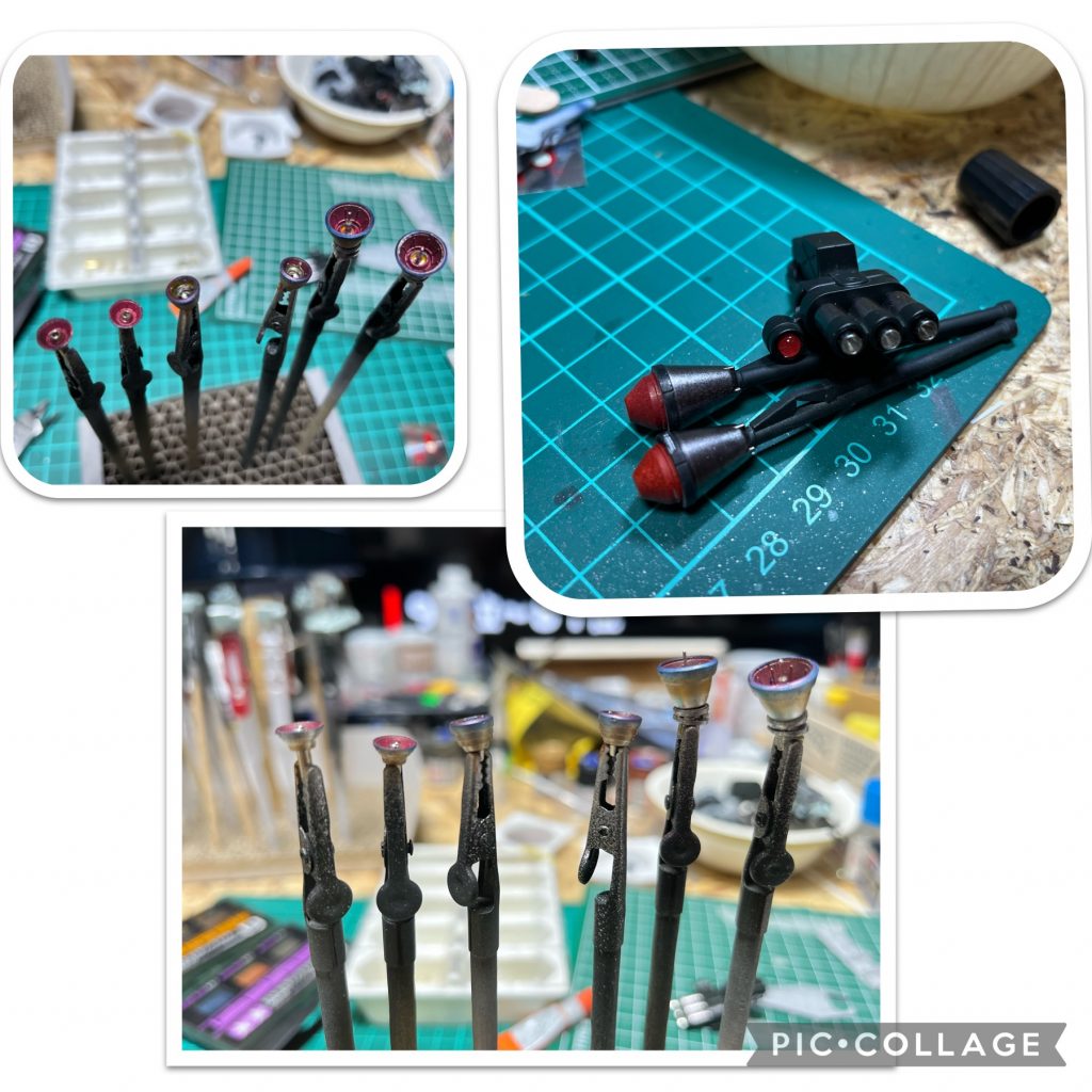 改造その④バーニアは焼き入れ表現に挑戦。ウェザリングマスターはやはり優秀すぎますね。バーニア内部にはICソケットピン、100均の潰し玉、何かの台座みたいなパーツを使いました。サイズの問題で使えないところもあるけどICソケットピンが1番いいなぁ。バルカンのセンサー部分にレジンを垂らしました。レジン初挑戦でしたが便利ですね、これ。