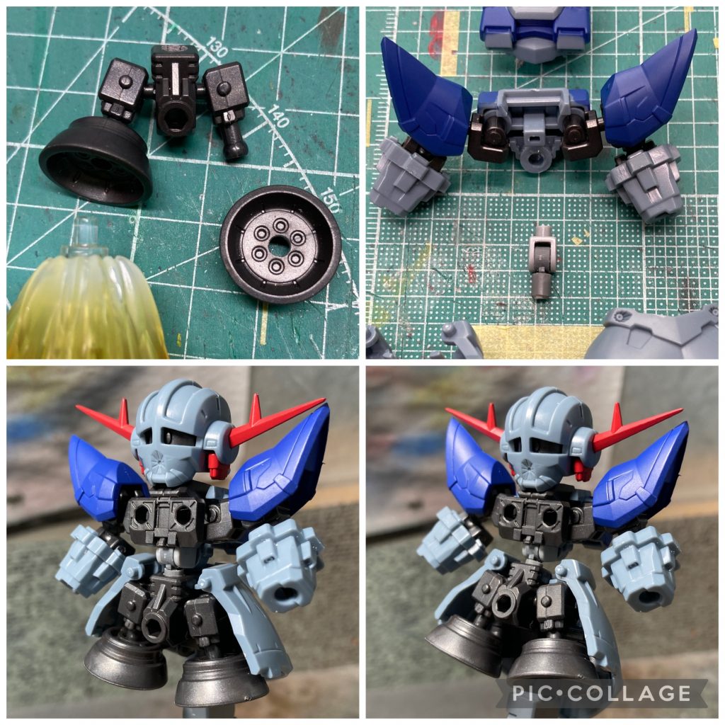 制作途中エフェクトをつけるために、バーニアに穴を開け、ボールジョイント側も少し削りました。腰の関節を変え、前屈できるようにしました。手首の肉抜きはランナータグで埋めました。