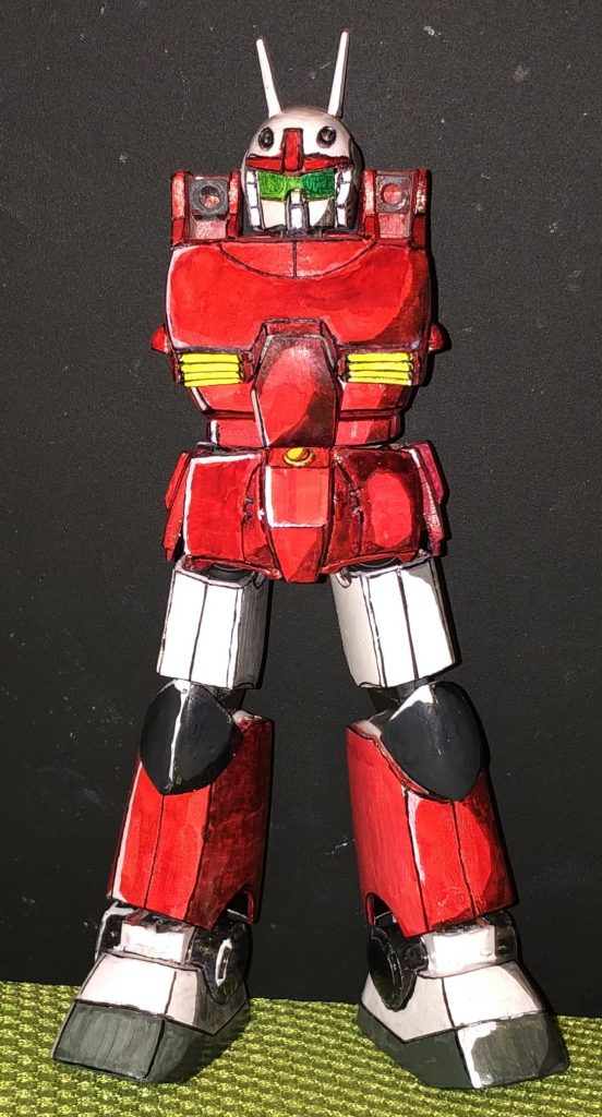 腕以外完成したショット、なんとなくやったことがわかるかなと今回の発見は頭はほぼいじってないと言うことです。なんか縦に潰れて見えますが、これはゴーグル部分と頬当てのバランスの問題だとわかりました。特に頬当てが薄いのが問題でサイズそのものは原作の雰囲気もよく掴んでいて優秀に思いました。なのでフェイス部分を切り離し、頬当てを0.5mmプラ板で幅増し、ゴーグル部分の左右を削り調整、あとゴーグルも平坦な作りなのでカーブが着くように削りました。あとはエッジを立たせるなどメリ貼り付ければ素人のおっさんでもカッコいいガンキャが作れます