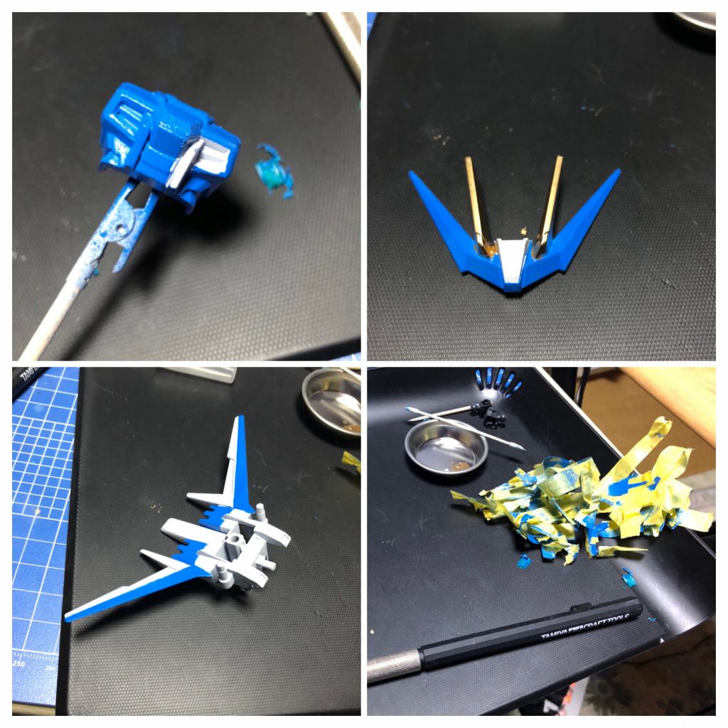 胴体の複雑な塗り分けはマスキングゾルで。アンテナはベースを青に変え、黄色部分はゴールドに。ガンダムマーカーのレッドゴールド、好きすぎて必ず使ってしまう…アドバンスセットにしか入ってないので、購入に難ありだったのですが、色味は少し違えど早晩ゴールド系の新色が発売されるらしく狂喜乱舞しておりますwエールストライカーも細かくてマスキングでミイラみたいになってましたが、なんとかなりました^_^;