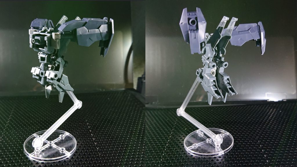 【バックパック】スカイダイヴァーストライカー (Sky Diver Striker)大気圏内、外両用ストライカーパック。silponさんの30MMパーツユニット”パラベラム”を参考、アレンジしたものです。ジュピターヴ推進器のビット機能はオミットされましたが、ビーム砲、ビームシールドは健在。大気圏内ではパック下部の翼を展開することで空力を制御し、優れた空戦性能を手に入れたが、あくまで低空での話。高度を上げると直線にしか飛べなくなる。単機での大気圏突入、その直後の戦場投入も想定されている。【ジェットストライカーとの比較】旋回性能:スカイダイヴァー > ジェット実用高度、航続距離:ジェット > スカイダイヴァー