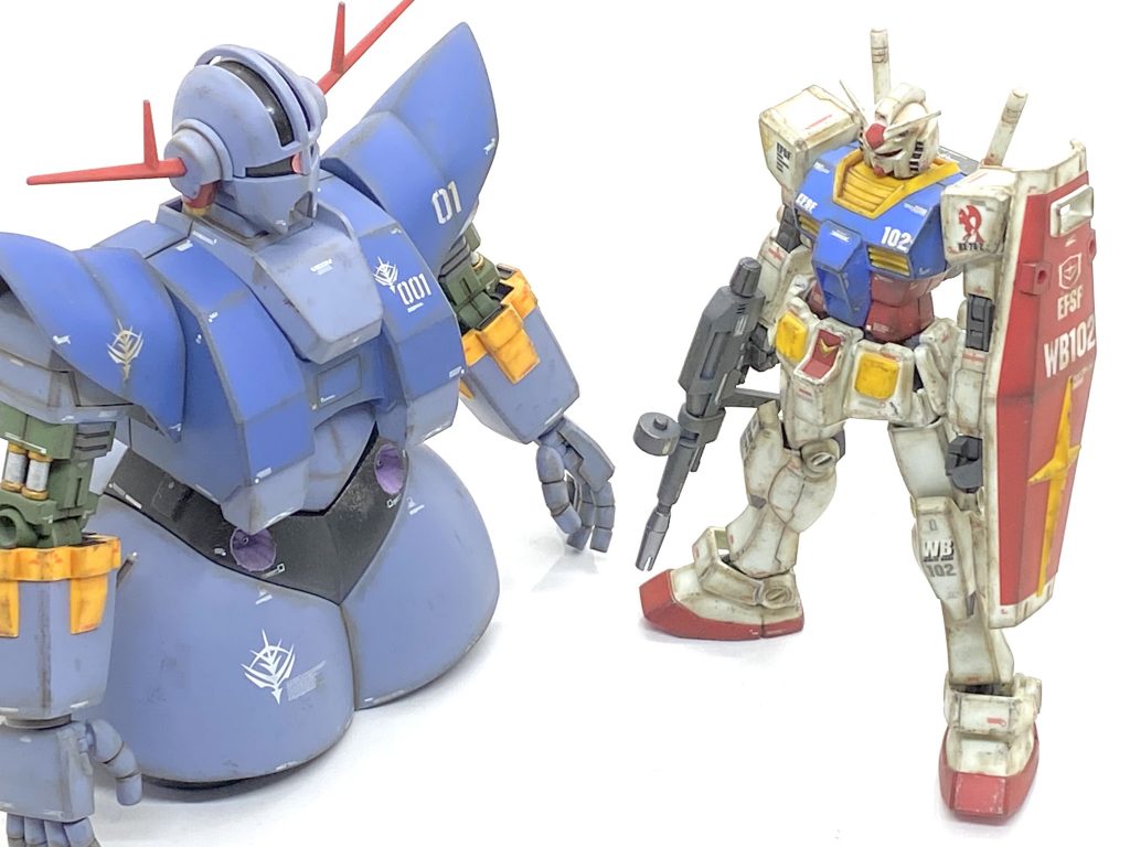 らいだ〜JOE先生推奨のお気軽汚しで仕上げた宿命の二人の愛機達。ガンダムは更に修正して歴戦の勇姿の機体を目指しました。
