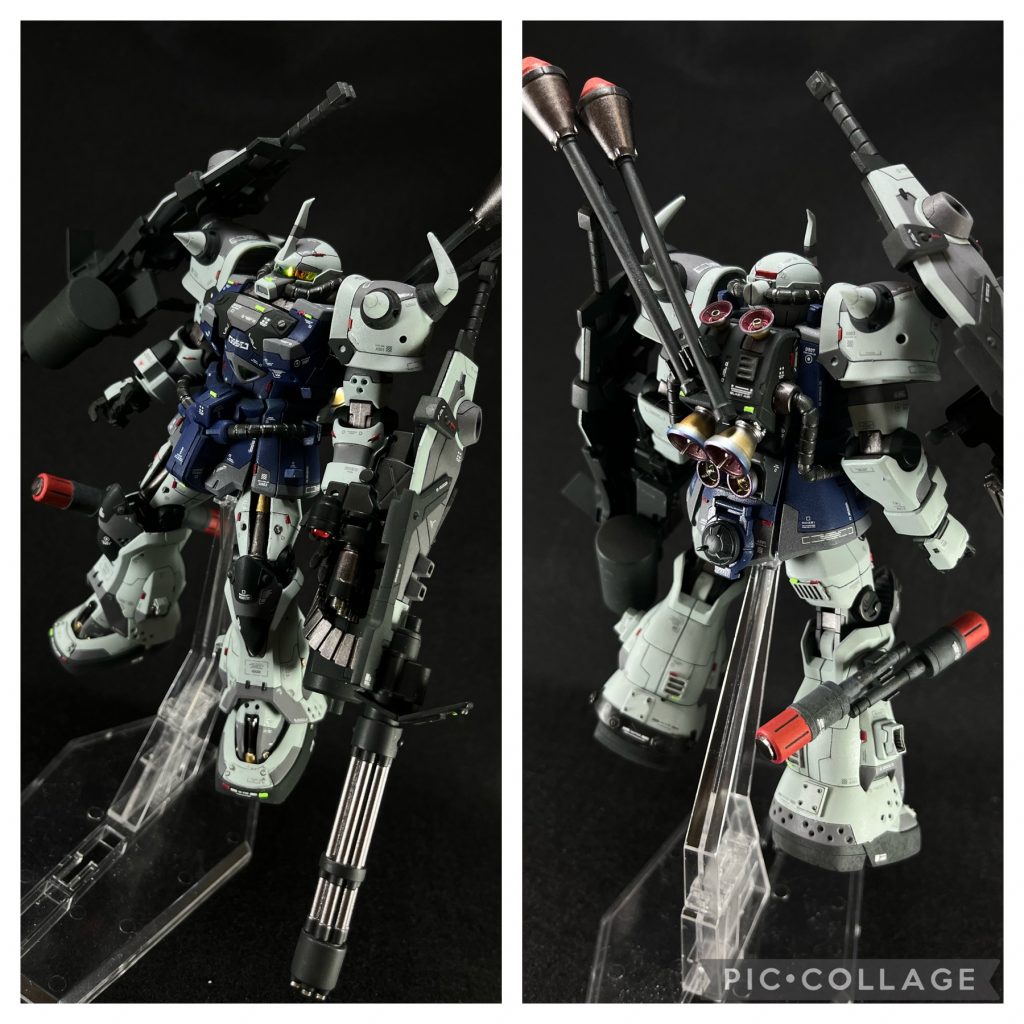 正面&背面今回のテーマは①引き続きスジ彫りの練習でパーツ分割、グレーでの塗り分け②細かさにこだわった情報量の追加③レッドチップでした。特に今回はレッドチップに初挑戦ということで、素材選びやつける場所などを調べたり、下書きしたりと準備をしっかりしてから行いました。付属の説明書にスジ彫りやレッドチップの案などやりたいことを書きこむのが良い手段だなぁと思いました。機体カラーはガンマカでライトブルー、ティターンズブルー、ベビーガンメタリック、シャアレッドを使用、缶スプレーでNATOブラック、筆塗りでラッカー系のグレーバイオレット、水性でNATOブラックを使用しました。