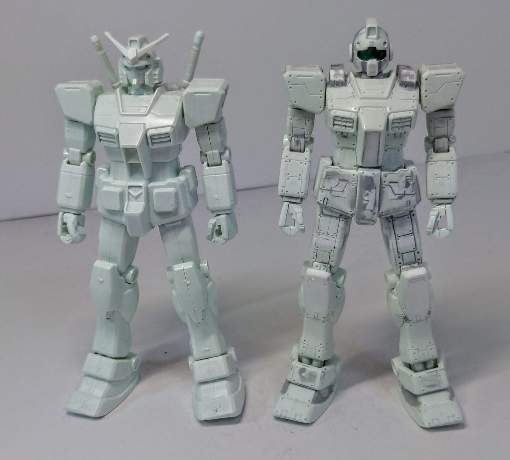 とりあえずガンダムからジムを製作しました関節は9割ポリキャップとボールジョイントに交換、腿と足首を延長してプロポーションを調整してます。