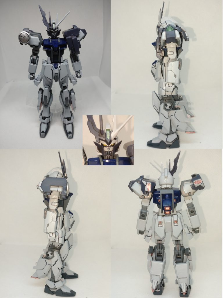 バックパック未装備時。フェイクニューユニット(以下FνU)をストライカー化するにあたって『絶対全パーツ使用する』という謎のこだわりのもと、頭部のすげ替え、FνU胸部アーマーを肩装甲化(左肩の緑が外付けゼロシステムという設定)、FνU肩アーマーと前腰アーマーを脚部追加スラスター化、FνU足の甲を腰サイドアーマーにそれぞれ貼り付けています。 頭部の彩色は上述のリライズ妄想エピローグに合わせて特徴的なヒトツメを黒で塗りつぶした後にツインカメラっぽく描いて偽装、「アルスの目」としての意味合いもある(知らんけど)頬は消灯しています。