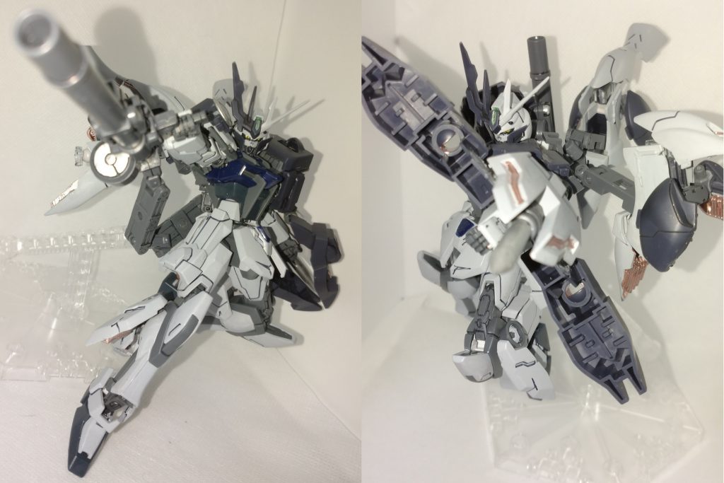 アクションポーズ別角度から。 やはりストライクベースはSEED撃ちがよく映えます。 シールドのピックはFνU足だったパーツを展開するとシールドブースターに!急加速してライバルに差をつけろ! ちなみに本当は攻防に使えるビームシールド発信装置をつけたかったという設定。