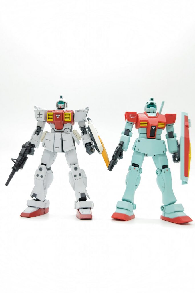 カラーリングは素のジムをイメージしましたが、後に量産することを考えガンダムカラー｢UG01 MSホワイト｣｢UG04 MSレッド｣を原色のまま使用。そしたらRGM-79ではなく、RMS-179に…