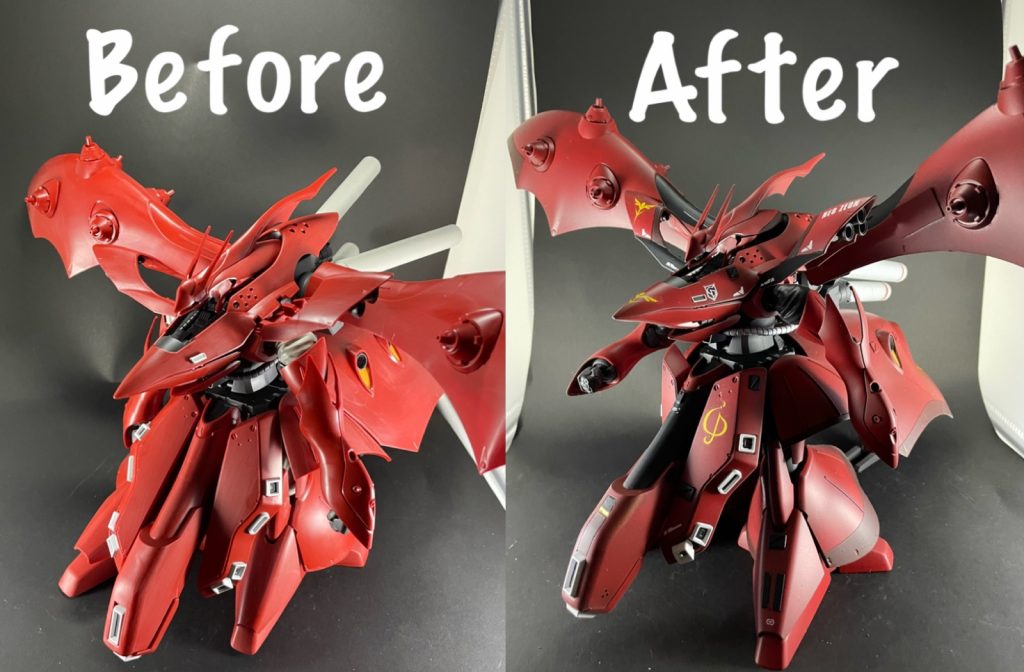 素組みとのビフォーアフター！ビフォーはツルッとした印象があったので、全塗装してその感じはなくなったかなと思います😃