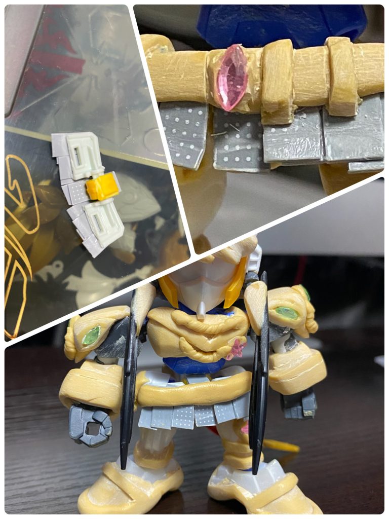 腰関節にEGガンダムの腰を移植。スカート干渉しないように、でも下ろした時に形損なわないようにベルトをパテ配置。切断してあります。