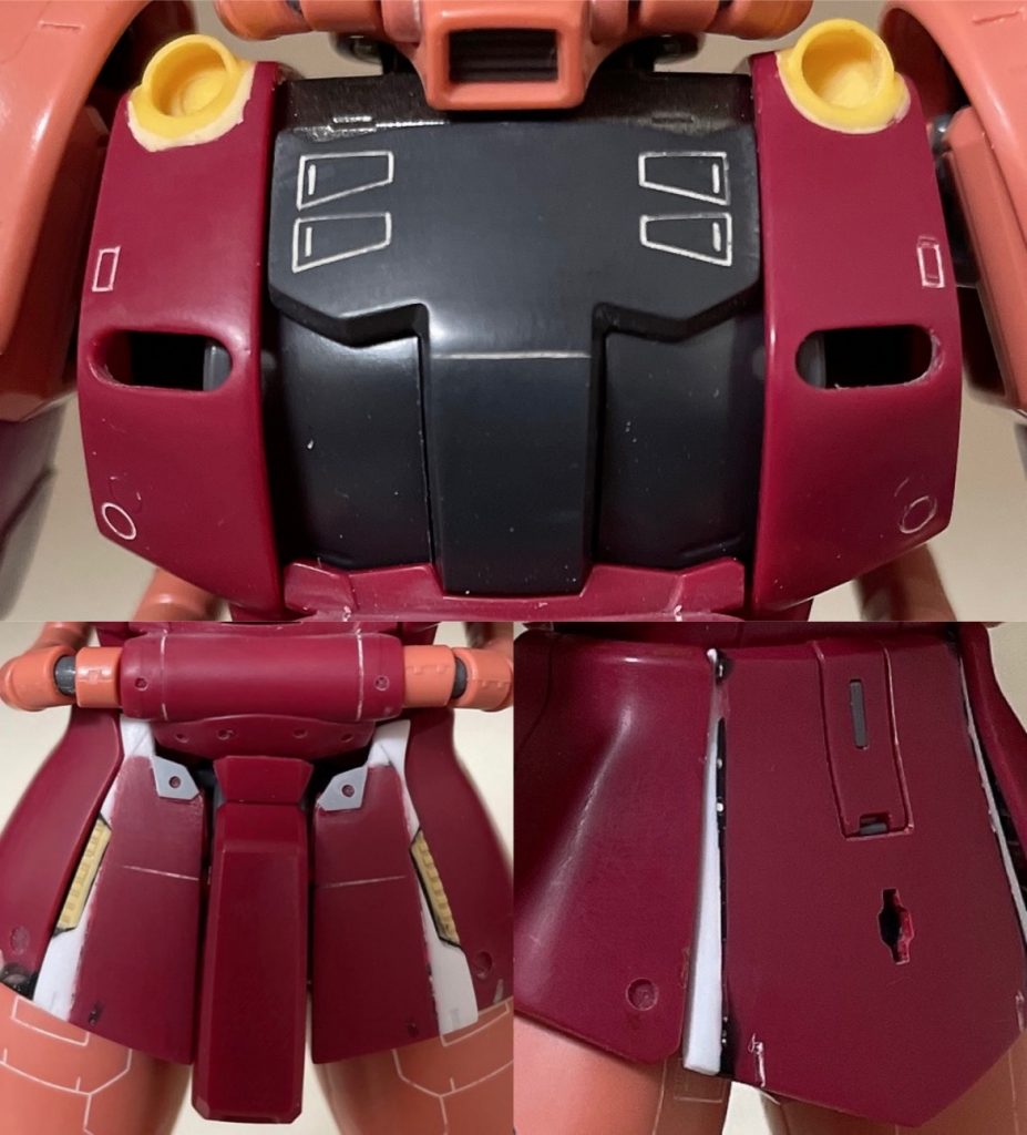 胸部はバルカン砲、排気ダクトを市販パーツ等を活用して増設しました。フロントアーマー、リアアーマーはプラ板を貼って形状変更し、ボリュームアップを行いました。