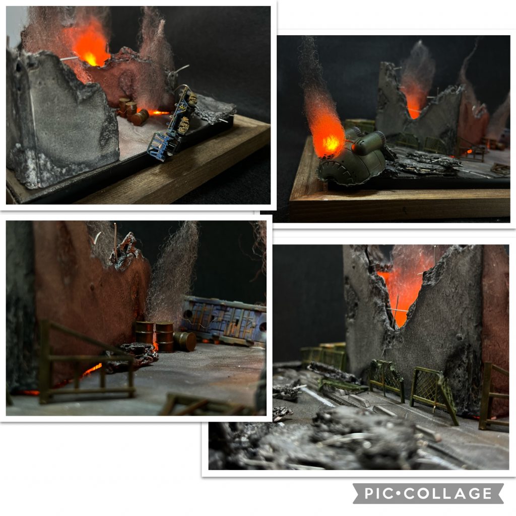 ジオラマを色んなアングルからコンテナを運ぶ車両とコンテナ以外はフルスクラッチです。ドラム缶と金網のフェンスが個人的にはお気に入りです。手前でやられているボールは本来宇宙仕様なのですが、なんということでしょう、ダークグリーンで塗装することによりMGで出ているボール陸戦型に見えてきます。まさに匠の技ですね笑