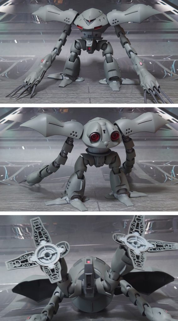 前、後ろ、下から。各所のパーティングライン消し、モノアイは市販パーツに置き換え。股間部に穴を開け、ポリキャップを埋め込んでいます。