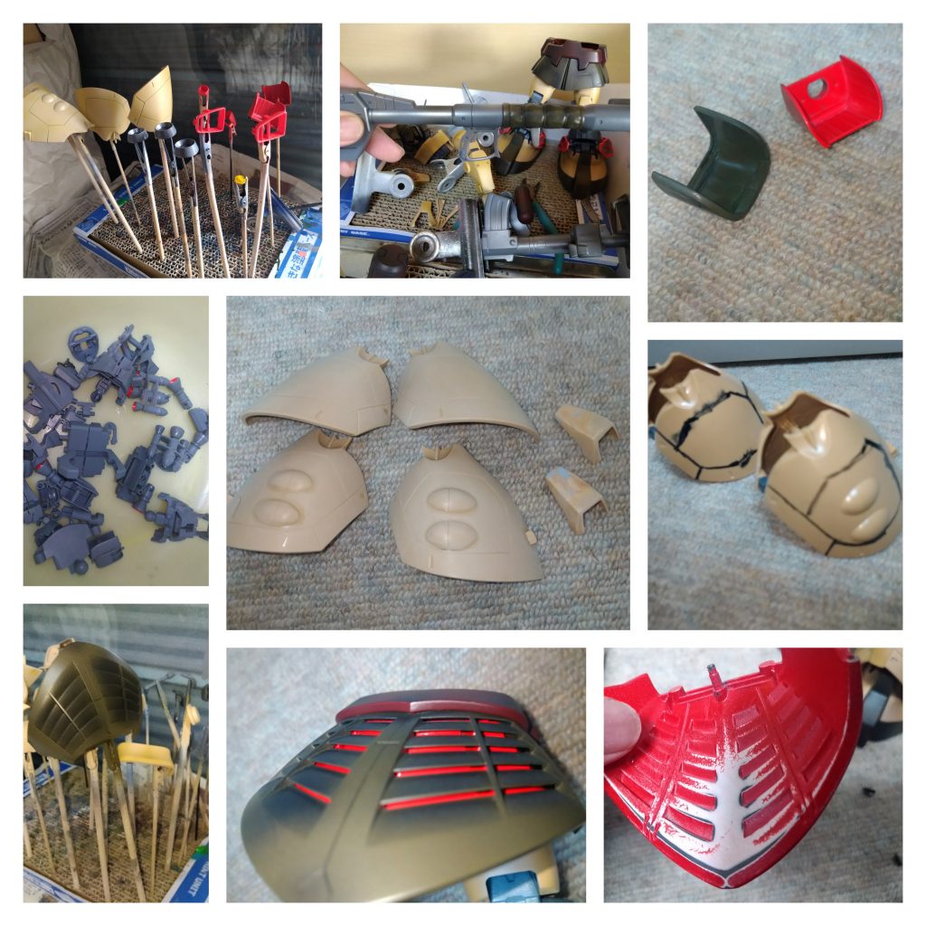 膝当ての形状変更、スジ彫りのアタリ、パーツ研磨など。