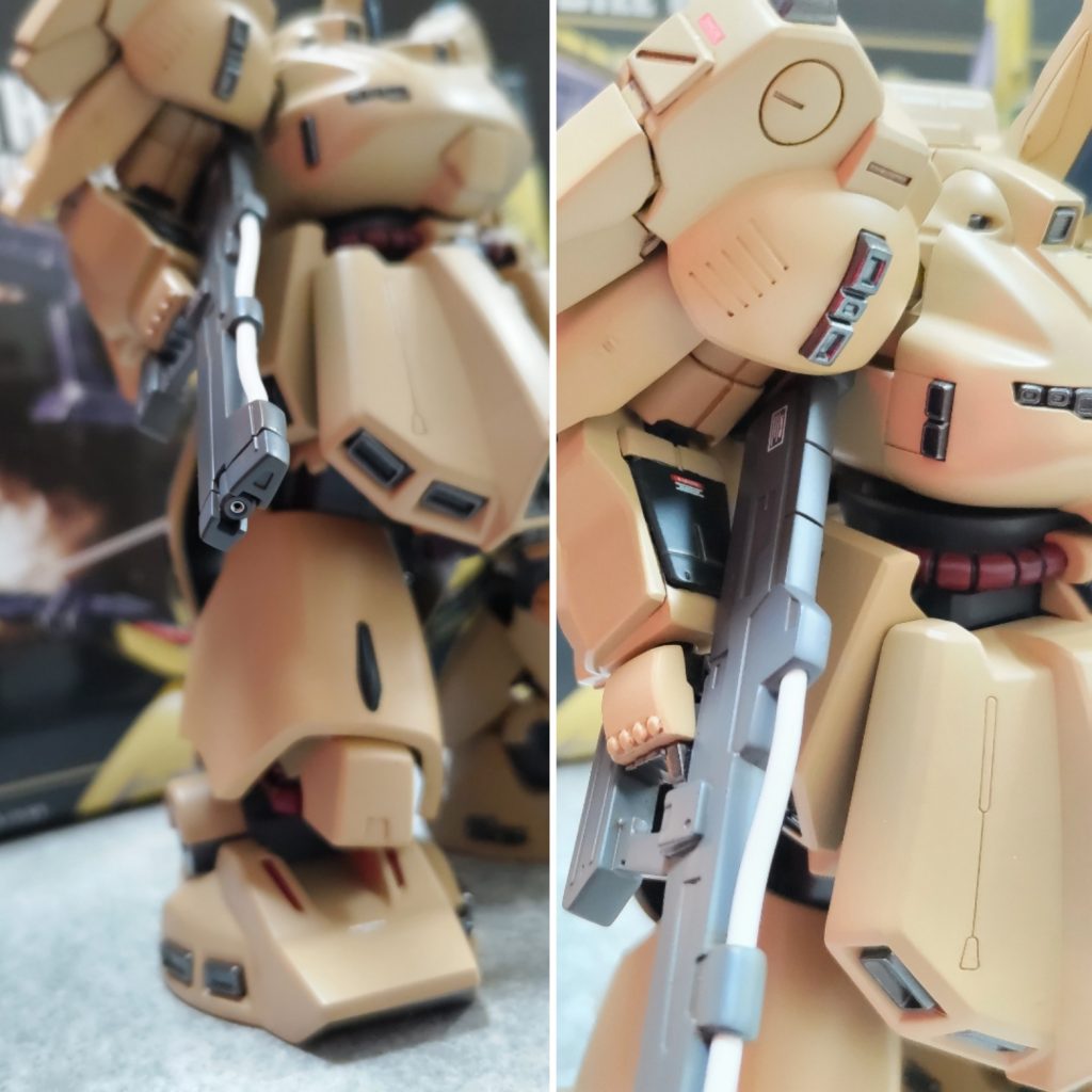 ライフルはメタルパーツと自遊自在でディティールアップ。下腕の動力パイプは廃止、百式ライズカインの余剰パーツを加工して蓋をしました。