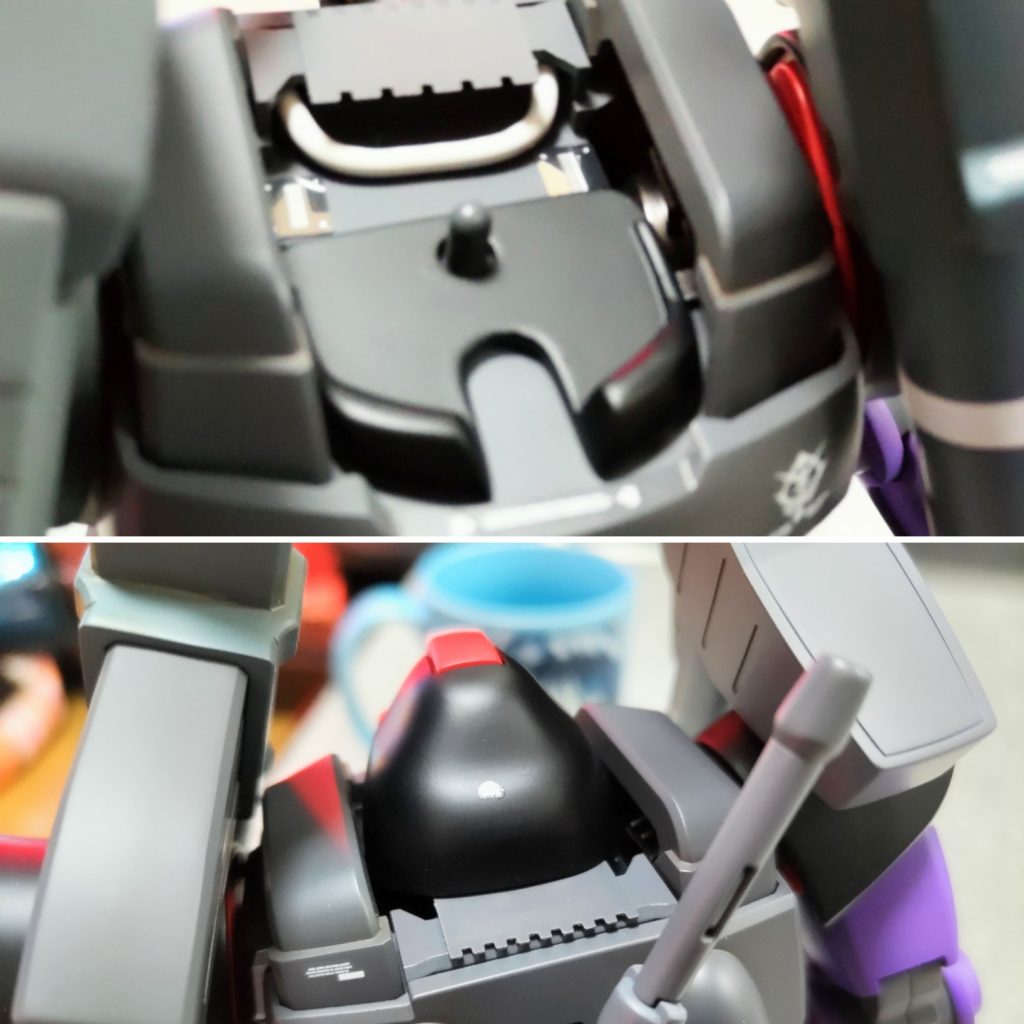 顎を引けるようにした分、後頭部に隙間が出来るのでエッチングパーツと自遊自在を取り付け、その上からディティールパンチで抜いたプラ板をワザと中が少しだけ見えるように貼っています。