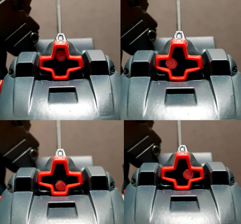 THE-Oの素体を見てDOMの髪に変えてもらうとよく似合うと思って作った作品です。それに合わせて、従来のジャイアントバズーカを除いてロケットバズーカに変えました。ビームバズーカの方が良かったと思いますが、持っていないので仕方がありませんでした。モノアイの場合は、目の奥にBALL-JOINTが入っているので方向転換が可能です。 