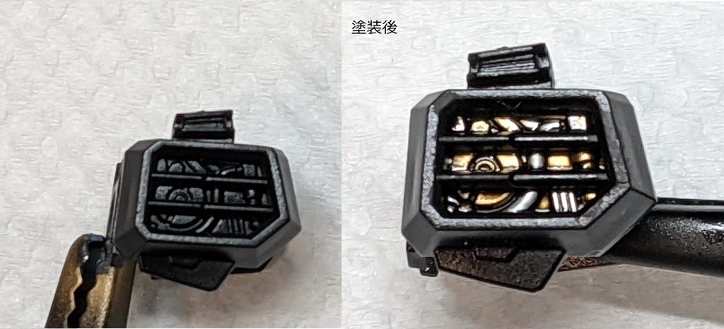 再アップにあたり、細かすぎて塗装を諦めていた肩パーツにチャレンジしました。上手く塗装できたと思います。①フィンの部分をマスキングして、エアブラシでゴールドを塗装②エナメルのシルバーで部分塗装③CITADELのNULN OIL GLOSSで汚しておわり。