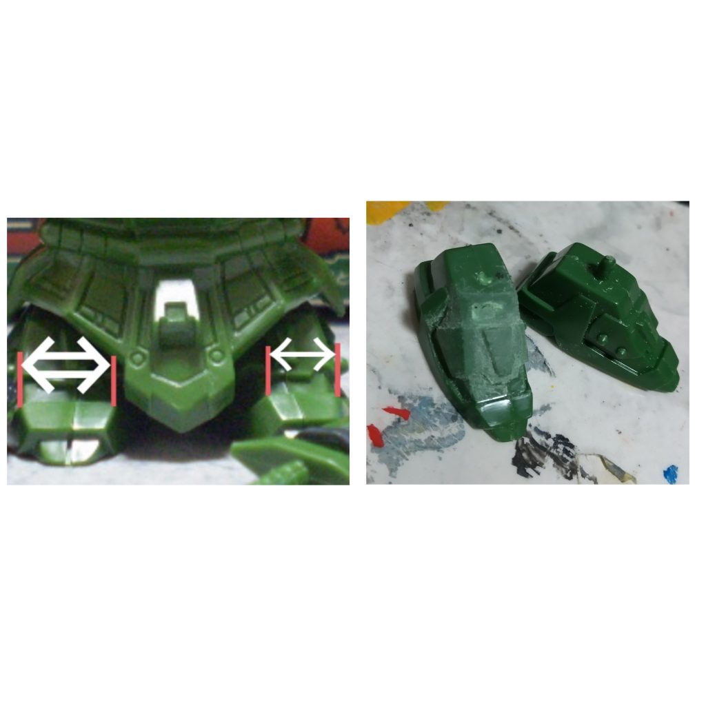 左の画像は、足の幅がなぜか左右で違うのを示してます。右の画像は足幅修正や甲の飾り部分の加工中。