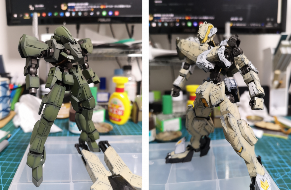 グレイズとグシオンの塗装後の姿です。グレイズは昭弘にペシャンされるまでダメージを負っていなかったのでキレイに塗装。満身創痍のグシオンは、ホットナイフやデザインナイフでボロボロにした後から塗装。