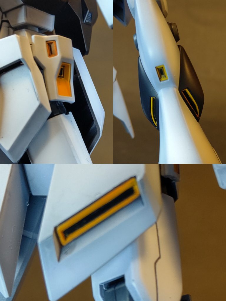 細部もしっかり設定通りに塗り分け。細かい部分も筆塗りにせず、黒→黄色→下地グレー→白の順でマスキング塗装。色薄い順ではなく、凹みの低い順に塗っていくとマスキングが楽です。