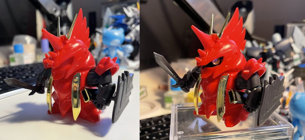 フェイス部分がふとましく感じたので顎をサザビーっぽくなるようにゴリっと削りました(画像右)顎が細いほうがよりサザビーらしくなると思います。さらにデフォルトだと目の真ん中に切り欠きがないのでそれも掘って追加してあります。
