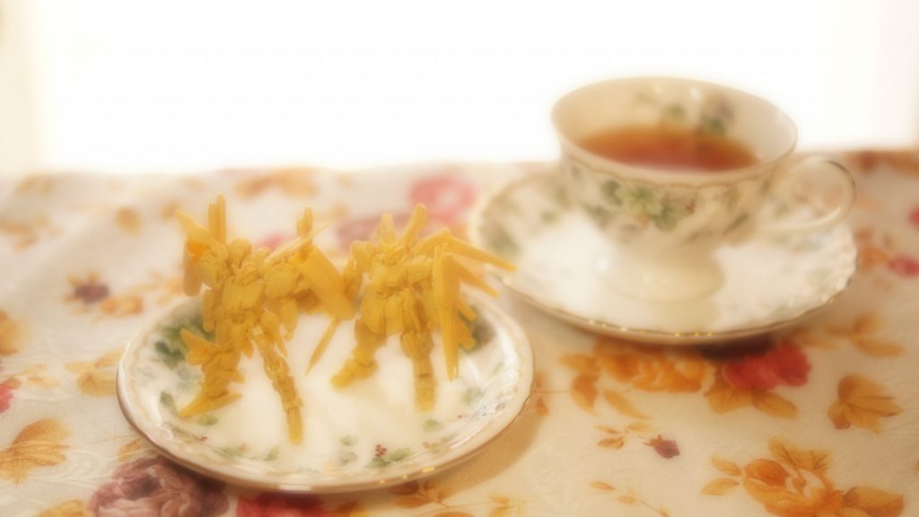 ちなみにこのスマッシュヒットの立役者はルオ商会のミシェル・ルオであり、周囲の反対を押して実行。存外の大成功となった。この成功にも彼女がルオ商会を成功に導いた 略筮法を用いた、とはもっぱらの噂である(ジャーナリストのカイ・シデン談)。楽しみ方は様々。一口で食べるもよし、部分的に食べ分けても良い。ハイニューガンダムはメイプル味、S ガンダムはほのかなアップル味となっており、繊細で上品な味付けがコーヒーよりも紅茶に合うところが、オットー艦長にはたまらないポイント。時々彼は食べる前に紅茶を少しスポイトでとり、ショクガンの頭上から数滴たらす。毛細管現象で細かなディティールに紅茶が行き渡ると、まるで模型の墨入れをしたような状態となり、造形が更に引き立つのだ。そんな上級者の食べ方を密かに楽しむのが、激務と大きなストレスを常にかかえるオットー艦長の、ささやかなお楽しみなのであった。