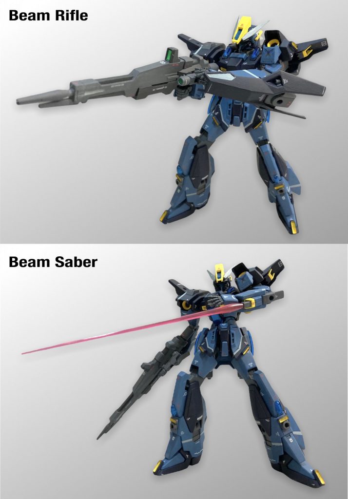 【標準兵装】コアユニットの装備は標準的なもので、ビームライフルはバレルが変更できる。頭部、肩部に高性能センサーを装備しており、高速戦闘時の射撃は、肩部センサーにライフルを接続し、頭部センサーとも連動させることで命中精度を上げることができる。また、高速戦闘を得意スタイルとするため、ビームサーベルは即時使用可能なボックスユニットタイプを使用する。