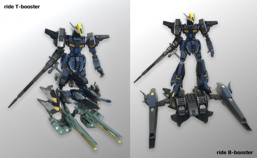 【Tブースター、Bブースター】ユニットのベースであるTブースター、BブースターもGSアームズと同様に航宙・航空用ユニットとして活用できる。主に長距離移動時を得意としない友軍機に対して、作戦区域への輸送、撤収補助に活用される。