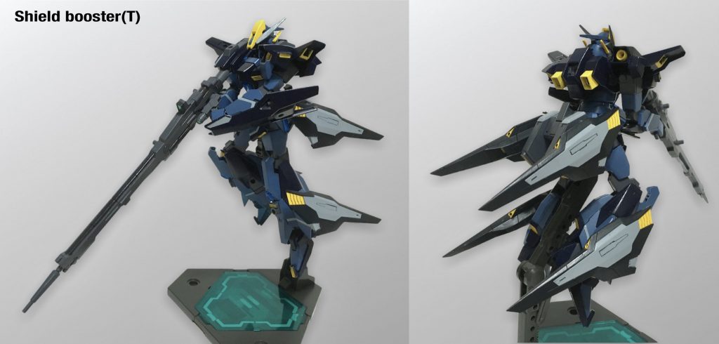 【シールドブースター装備】シールドブースター（T）を４機装備した形態。軽量での追加ユニットとして機動力を上げる場合のバリエーション。前述の通り、この状態は友軍機でも可能となっており、相手の予想の裏をかいて移動力の低い友軍機を素早く移動させて作戦の幅を広げることができる。また、その名の通り、装甲面は厚めとなっているため防御力補助にもなる。画像では、ビームライフルを長距離射撃用のロングバレルに換装している。