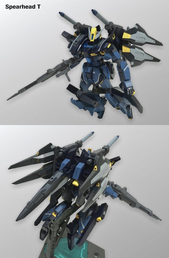 【スピアヘッドＴ】コアユニット＋Tブースター、一番使われる機会の多い形態。高推進力と機動力によってフレキシブルな高速戦闘を可能にするバランスに優れた形態で、ある程度の接近戦も可能としており、ミッション内での動き方の自由度が高い。Tブースターにはミサイルも搭載されている。