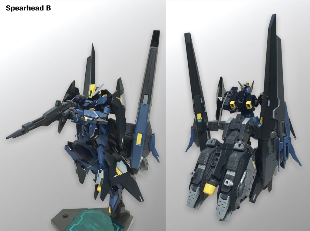 【スピアヘッドＢ】コアユニット＋Bブースター、Tに比べて推進力が高いが、その分旋回力が低いため、一撃離脱に適した形態。両肩、両足にシールドブースター(B）を装備して防御力を高め、ビームライフルによる牽制から大型ビームキャノンで仕留める。