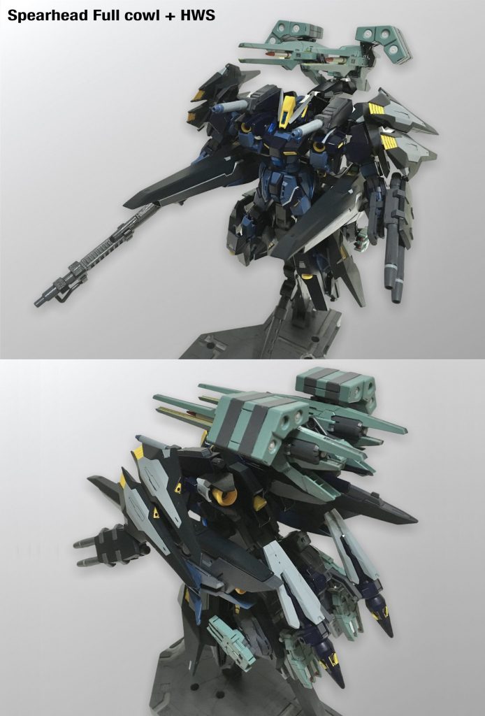 【スピアヘッド　フルカウル＋Ｈ・Ｗ・Ｓ】フルカウルにさらにHWSを装備した形態。攻撃方法はコアユニットに装備している場合と変わりなく利用するが高速戦闘時にはその速度での装備にあまり相応しくないため、フルカウル形態を活かしきれない。そのため、装備時は序盤で全弾使い切るようにしている。