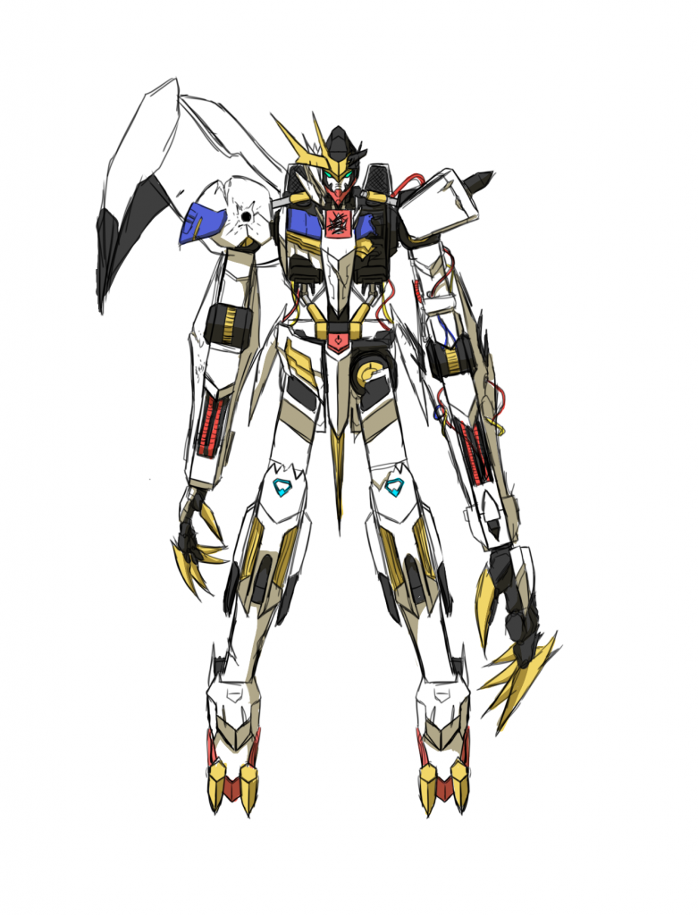 次にイラストを描きました。最終決戦後、簡易修復したという設定にしたので、最終決戦の時の破損跡に加えて、経年劣化による破損も考慮して描きました。物資がない中での簡易修復ということで、その場にあったものを色々流用してる感じにしました。例えば、ダインスレイヴによって吹き飛ばされた左腕は、急遽作った感じの腕を。肩にはグレイズのものを。バックパックにはグシオンリベイクフルシティのサブアームをつけたりしました。