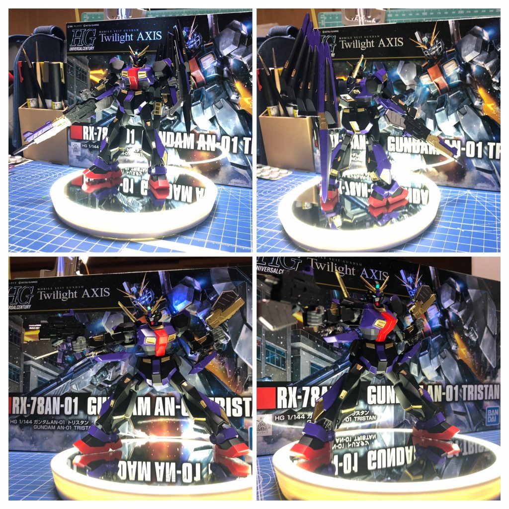 “Set your GUNPLA”ガラティーンは二丁のライフルに分離します。泉の女神繋がり(ガラティーンは泉の女神から授かった剣)で、通称「ゴールドアクス」と「シルバーアクス」です。アームガトリングと併用するので、割と火力は出るはずですw