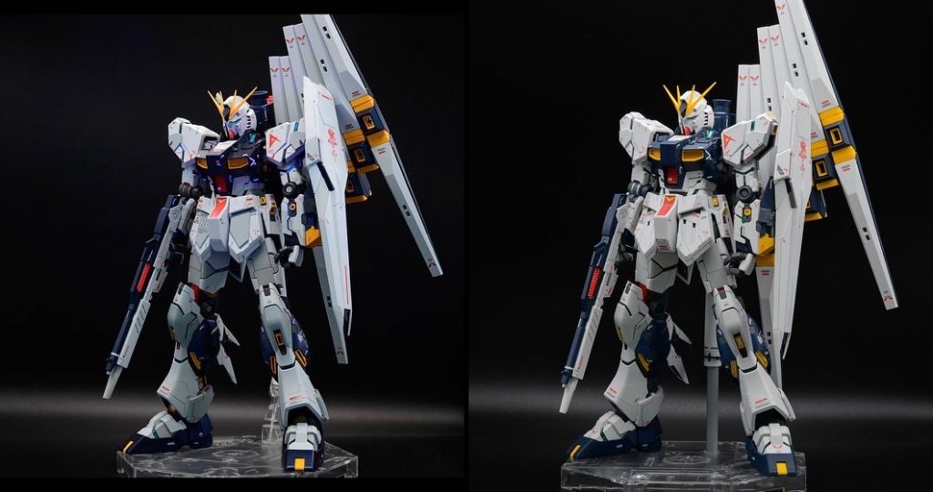 実は前に素組みしたνガンダムをメルカリで手放してしました。本当はリペイントしたかったけど、接着してる部分もあったので買い戻す事にしました。(左が全塗装、右が素組みです)
