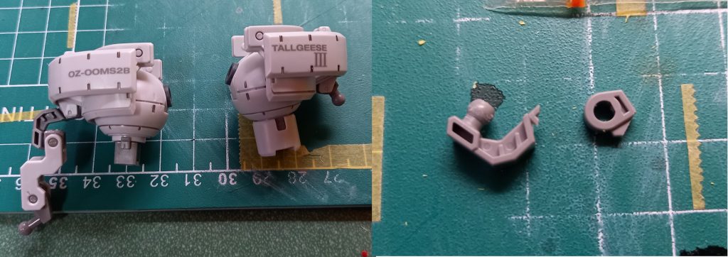 制作工程です。当初は肩パーツをそのまま移植予定でしたか、解体中に右肩の武装懸架用パーツが破損するトラブルが…