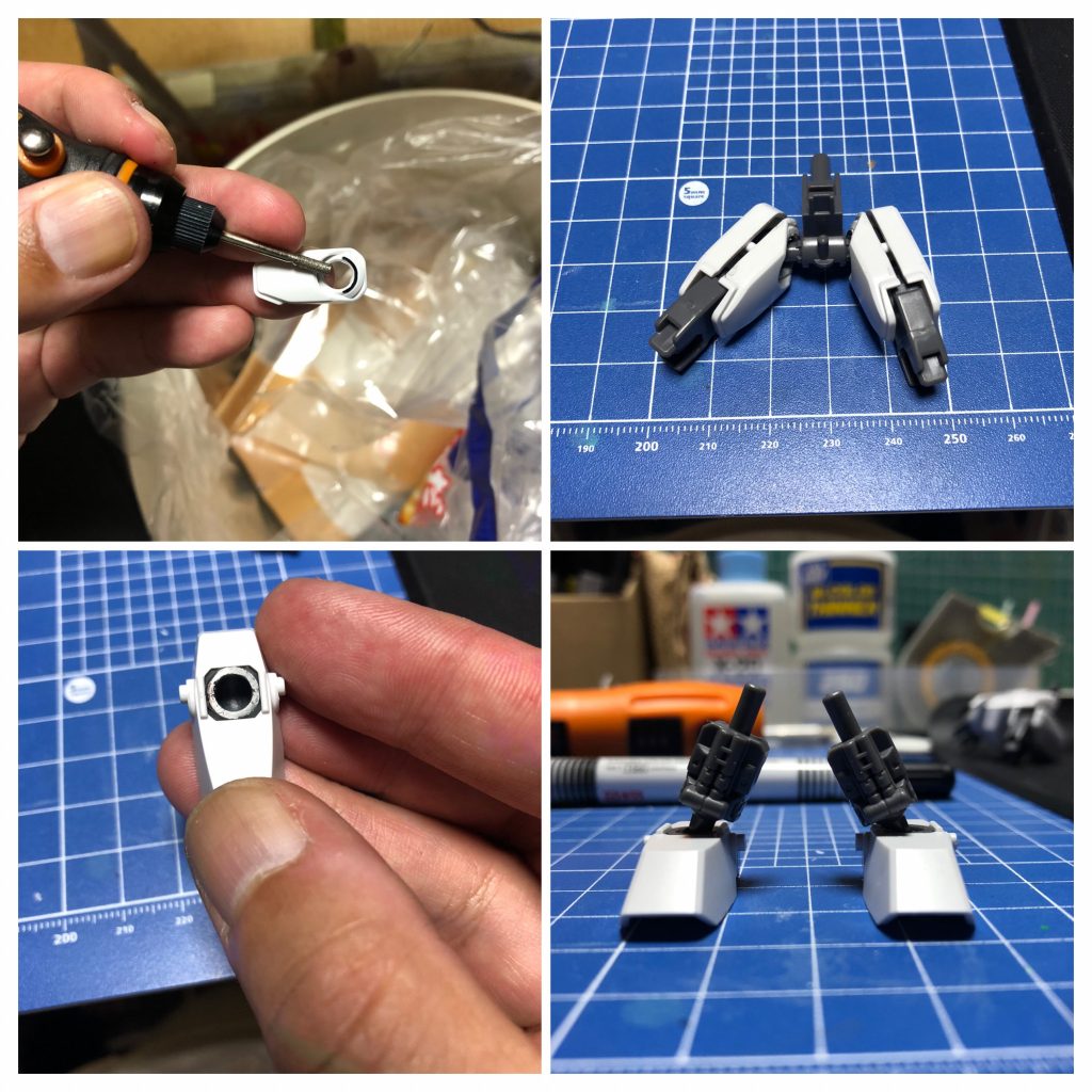 ⑦開脚を改善する為に太腿ボールジョイント受けの装甲内周を削り込んで稼働範囲を広げてます。写真右上の左側が加工後。⑧足首のボールジョイントは削り込んで可倒範囲を拡大。