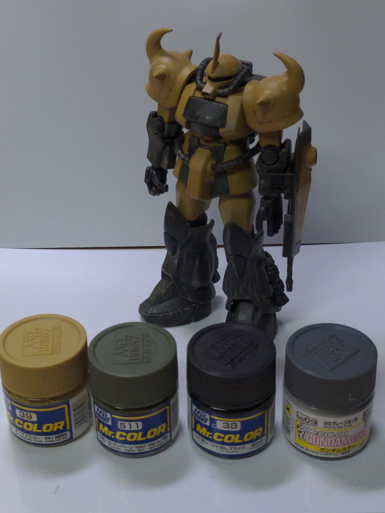 塗装に使った4色です。腕と脚部、バックパックはグリーンにブラックを混ぜてます。以上になります、最後まで観て頂きありがとうございます。YouTubeに動画をupしています。リンクの貼り方が解らないので、申し訳ありませんが磯野海平さんの頭で検索して下さい。宜しくお願いします。
