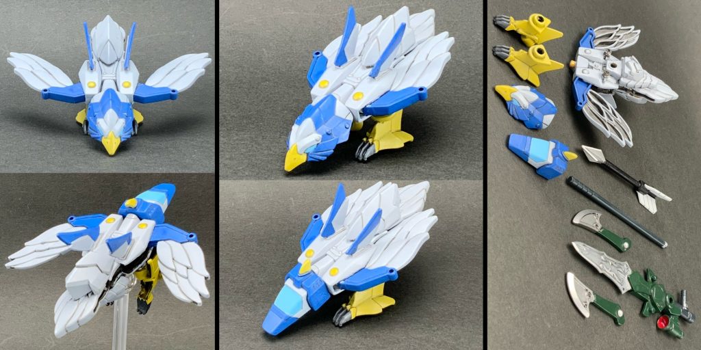 ●コアイージーと武装パーツバードフェイスも用意しました。足は差し替えで「立ち」と「飛行」を再現。機体の正式名称は「ジェットコアブースター」のようですが、Gジェネ育ちとしては「コアイージー」がしっくりくる！