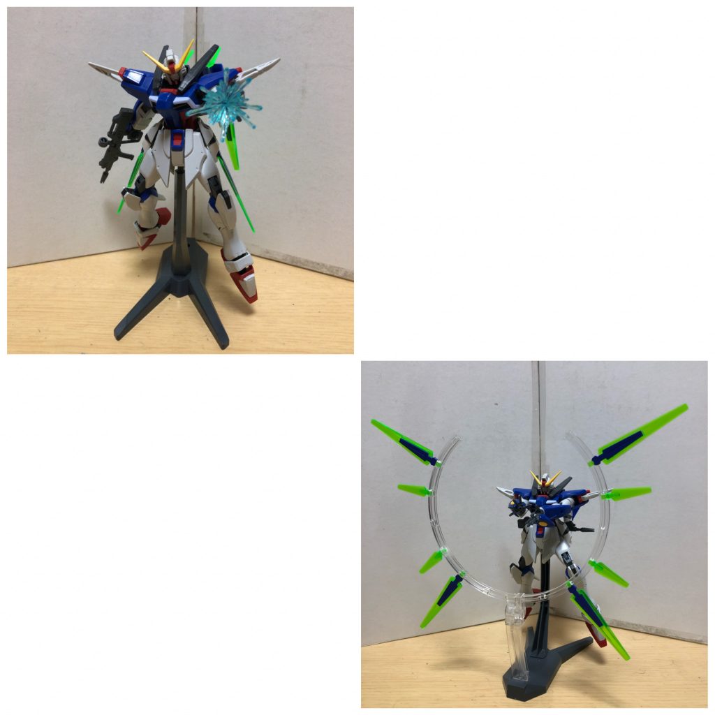 パルマフィオキーナ掌部ビーム砲デスティニーのものをそのまま使用。彼女はちゃんとデスティニーガンダムのことを調べたため、零距離攻撃以外にも使用する。またファンネルを円状に展開することでエネルギーフィールドを発生させ、それを介して発射される高出力のビーム攻撃はこのガンプラの必殺技とも言える。