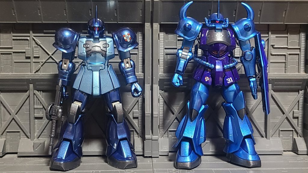 後の乗機、MS-07 Bグフとの2ショット!さすが青い巨星、どちらも渋い機体ですね。ジ・オリジン版MSDのブグ等もありますが、並べて良い物か少々迷いますね・・・私の初投稿作品、最後までご覧頂き有難うございます。