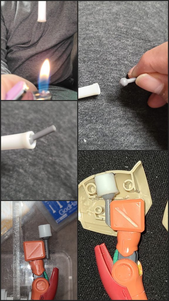 肩アーマーの接続には、炙ったプラパイプにボールを押し付けるという力業で自作したボール受けを設置して、強引にボールジョイント接続としました(笑)。