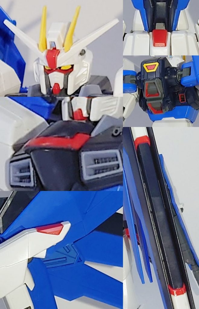 塗装箇所その1頭部と胸部のバルカン、胸部赤ラインの下側、肩アーマースラスター、翼の裏側の黒くなっているところ、腹部の凹み、バックパックと背部のスラスター内部、バラエーナの赤ラインのシールで補えない部分。(写真にはないけどバラエーナ横側の水色はBB戦士フォースインパルスのシールの余白を使用。)アンテナの安全フラッグは切り落としてます。