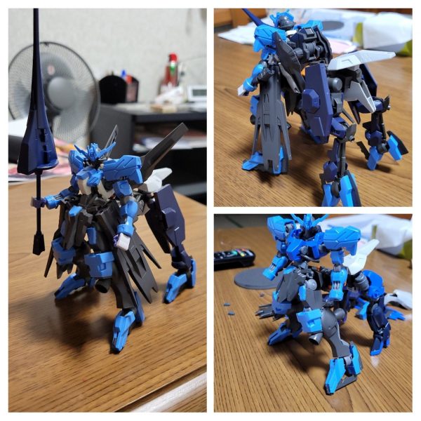 ヴィダールタウロスこの作品はガンプラ制作を始めた2021年の秋頃に作った物で部屋の片隅に置いてあったのでストーリーに上げてみました😅ガンプラ制作を始めたタイミングが悪く、店頭にガンプラがほとんど残って無い状態でした😱唯一少量残っていたのが鉄血シリーズで、アニメを見た事が無かったので見てみると凄くハマりました🤤早速店頭に残っている鉄血シリーズを探して買い集めて作りました✌️ふと何かこのガンプラ達でミキシング出来ないかなぁ〜と思い閃いた💡のが、ケンタウロスにすればカッコイイかも🤩でした……早速バラして試行錯誤して落ち着いたのがサムネのヴィダールタウロスです😅写真1上からと、後ろからの写真写真2サムネのミキシングに辿り着くまでに途中で考えたミキシング写真です😨そして今年バルバタウロスが発売されました😱この作品を仕上げるのはまだ考えていませんが、いづれ理想のミキシングになった作品に完成させたいと思います🤩それまでは少し封印です😣長い文章にお付き合い下さり有難うございました🤗（3枚目）